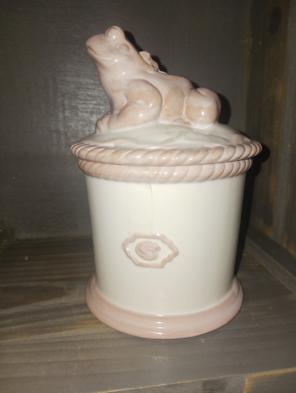 Demdaco Pink and White Ceramic Frog Lidded Canister